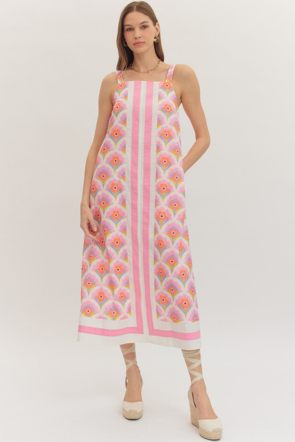 Entro Women's Pink Floral Print Sleeveless Midi Dress
