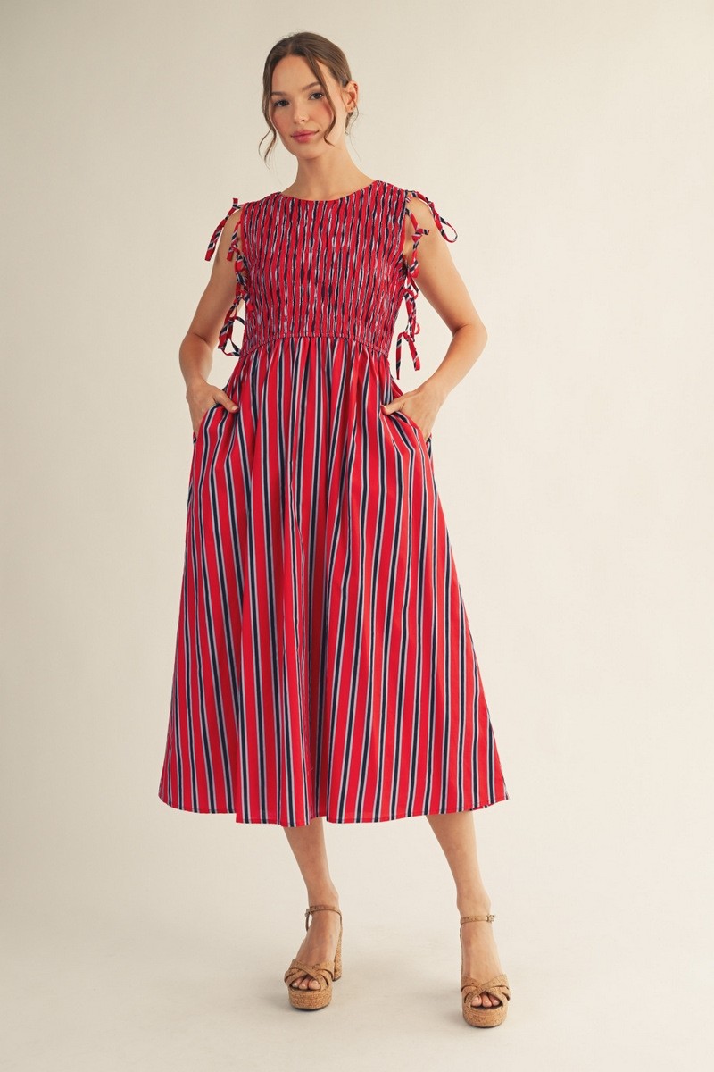 Jodifl Women's Red Detachable Sleeves Stripe Midi Dress