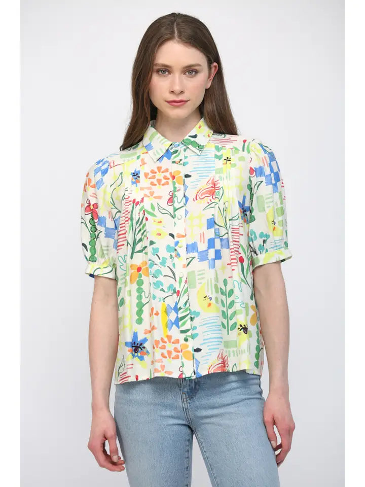 Fate Women's Button Front Short Sleeve Collared Shirt