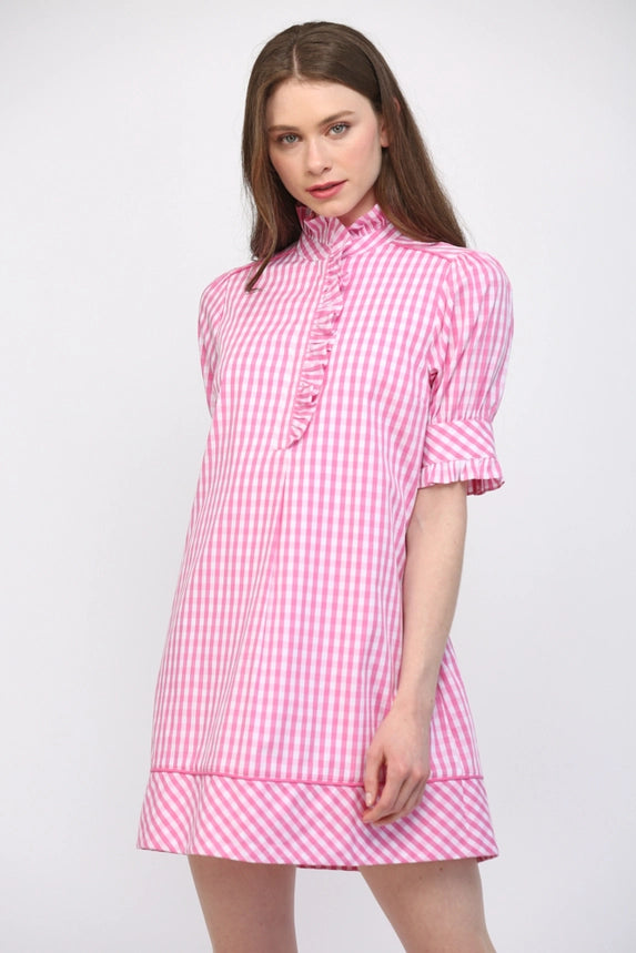 Fate Women's Pink & White Puff Sleeve Mini Dress