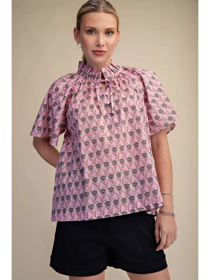 Glam Women's Pink Ruffle Neck Raglan Top