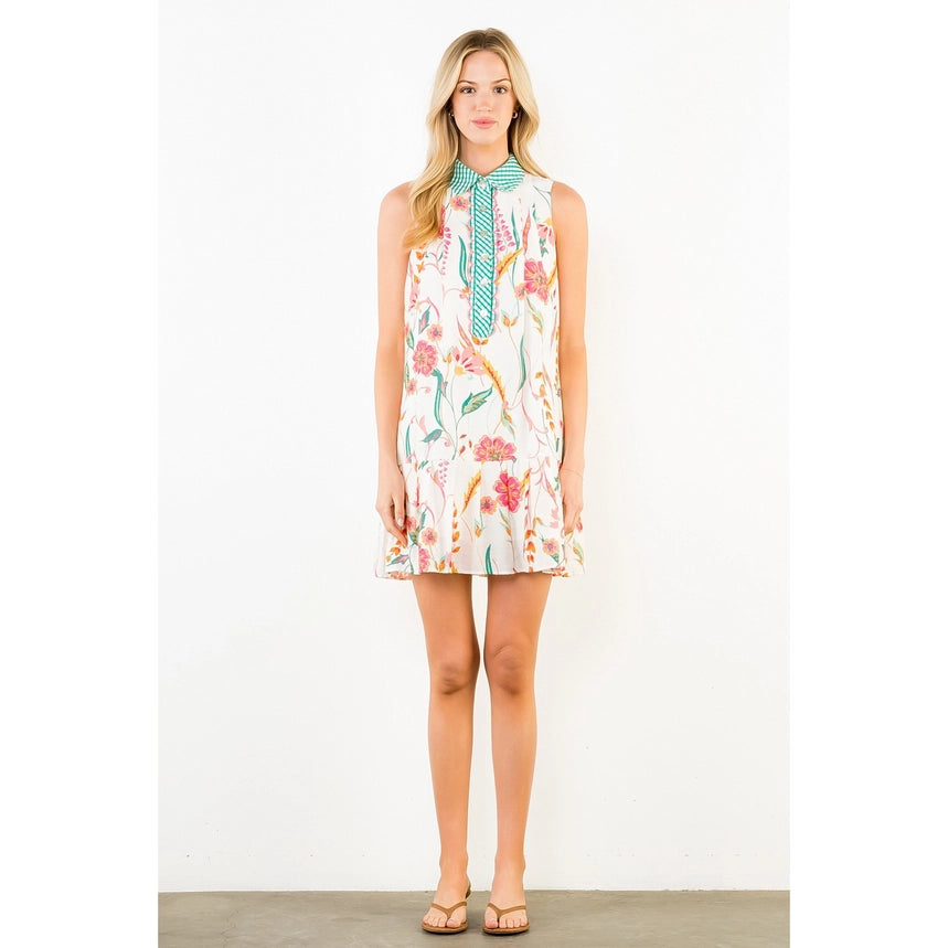 THML Women's Sleeveless Gingham Collared Floral Dress