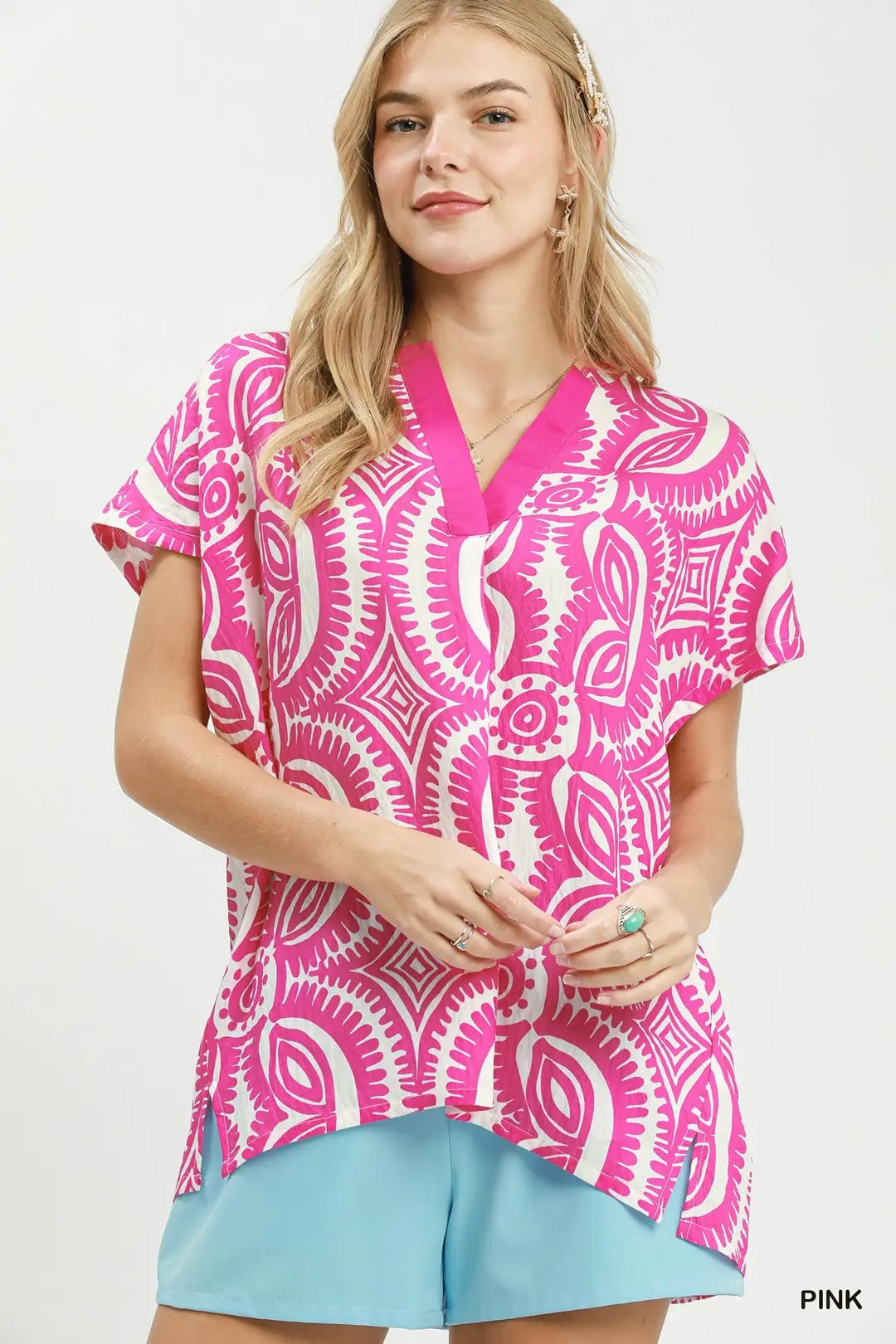 Umgee Women's Geometric Print V-Neck Top
