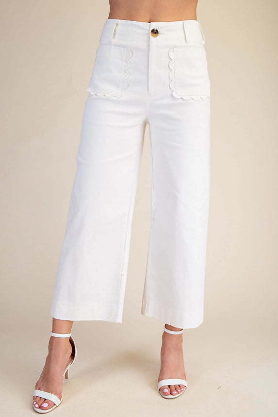 Glam Women's Colette Wide-Leg Scallop Pocket Pants - White