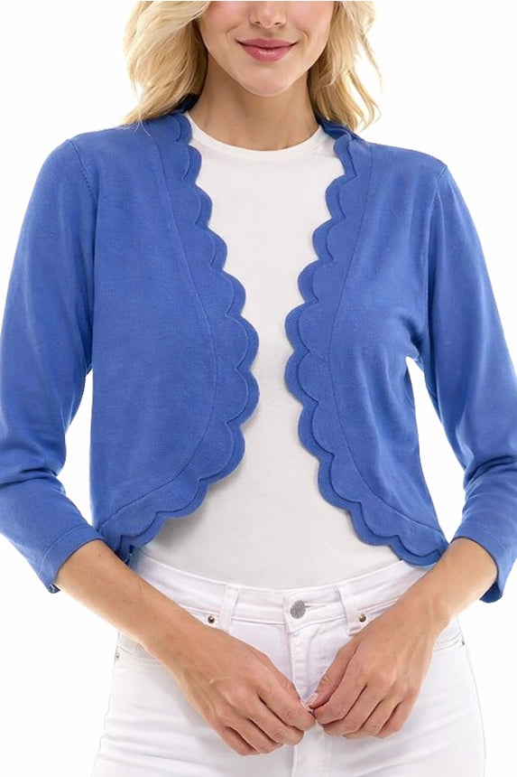 Pine Apparel Women's Scallop Knit Shrug Cardigan - Cornflower Blue