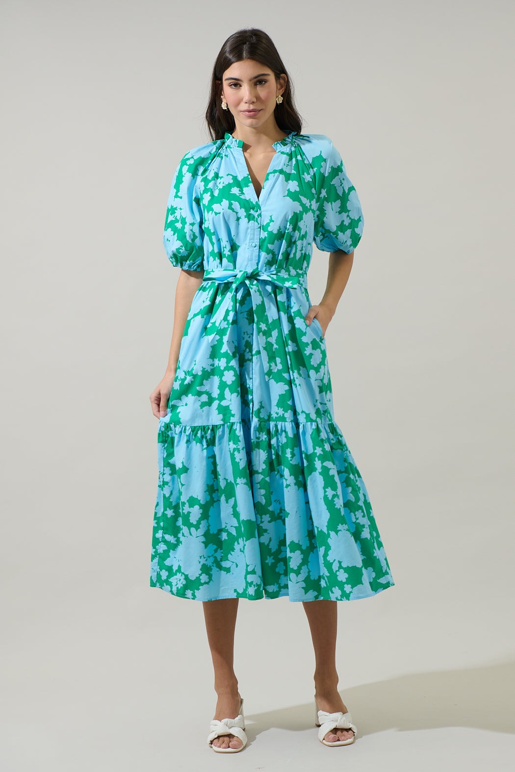 Sugar Lips Women's Riona Floral Wynette Tiered Midi Dress - Blue/Kelly