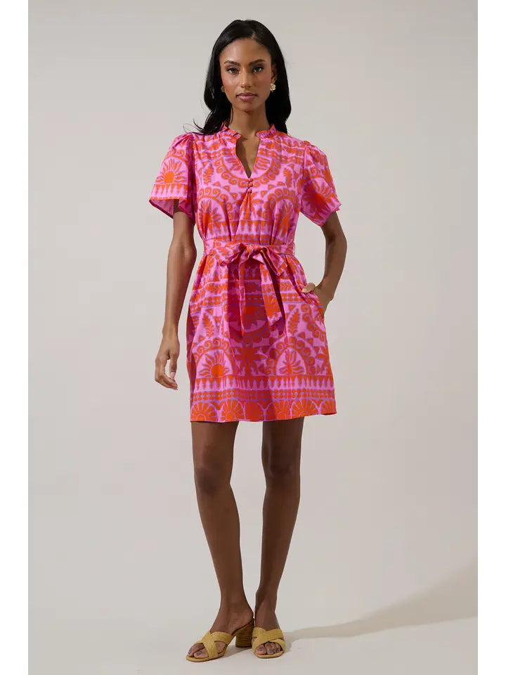 Sugar Lips Women's Tarie Tropical Ema Shift Mini Dress - Pink/Orange