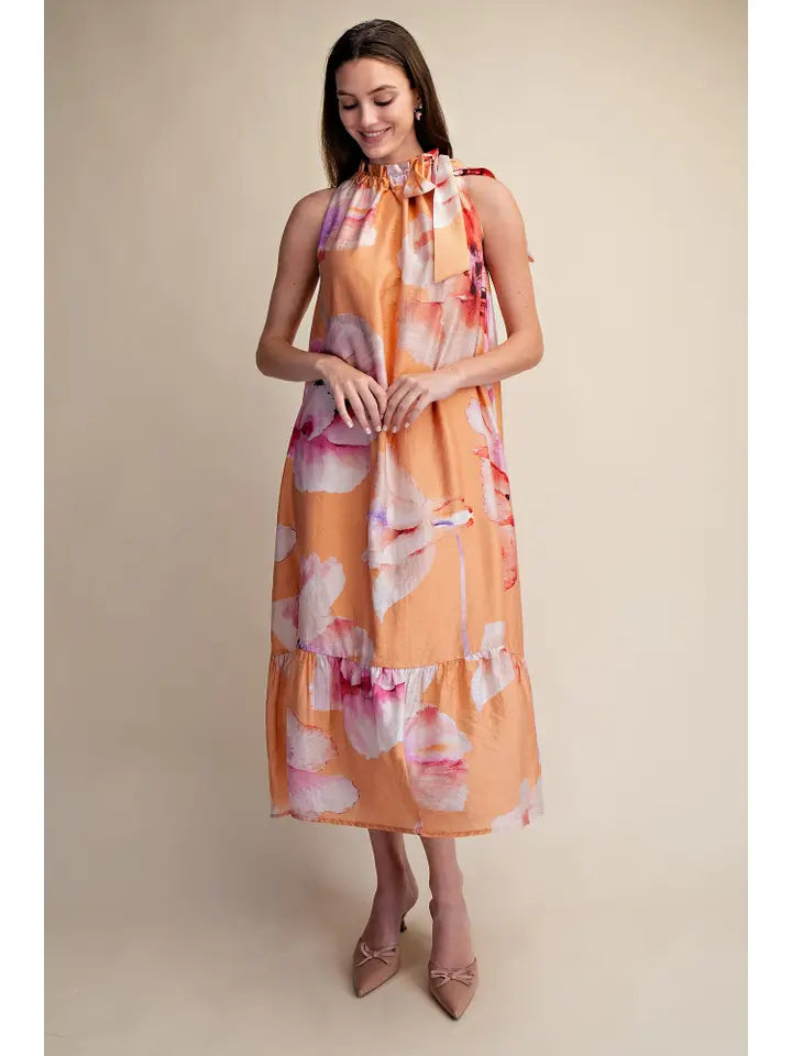 Glam Women's Ruffle Neck Tie Sleeveless Midi Floral Dress