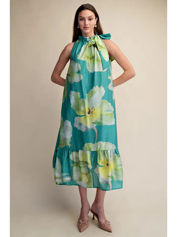 Glam Women's Ruffle Neck Tie Sleeveless Midi Floral Dress