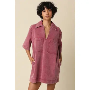 Olivaceous Women's Rosie Washed Collared Mini Dress - Burgundy