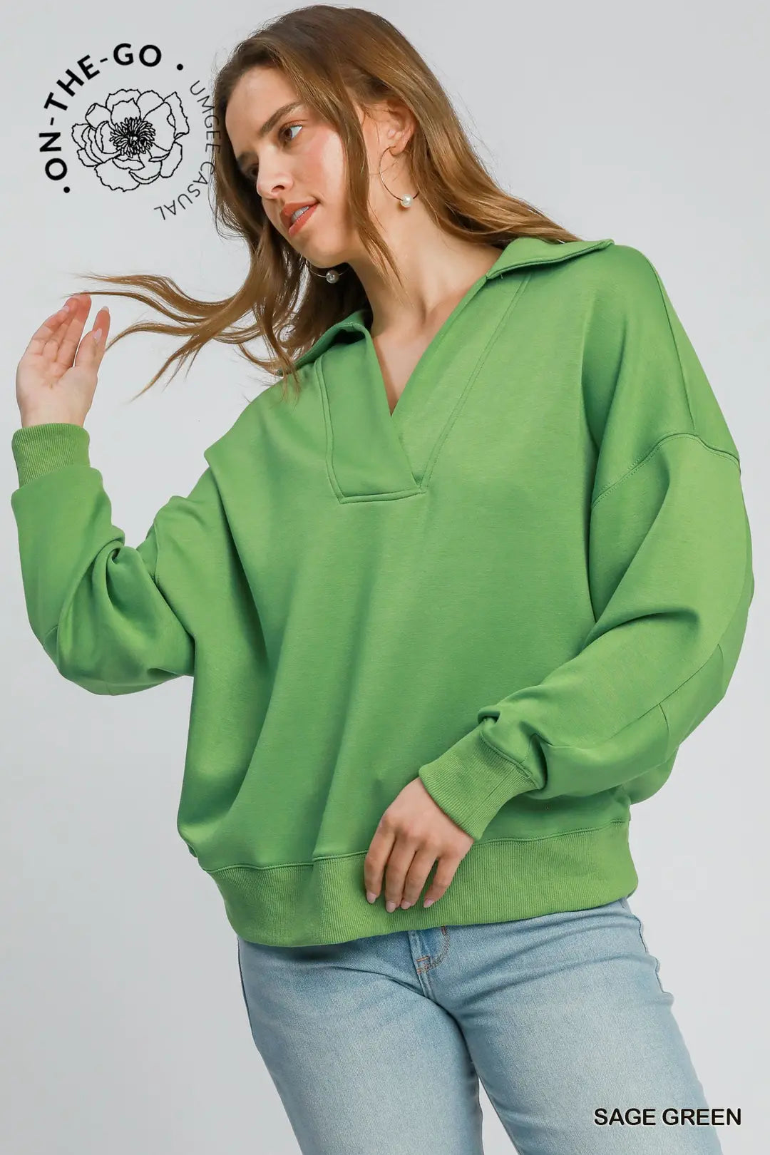 Umgee Women's Luxeknit Chic Ease Collared Pullover - Sage Green