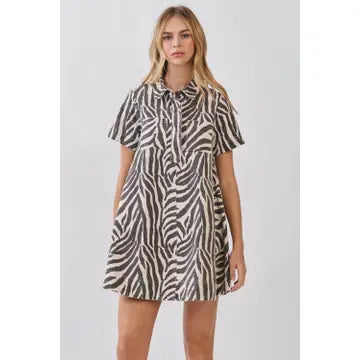 TCEC Women's Zebra Print Button Down Collared Mini Dress