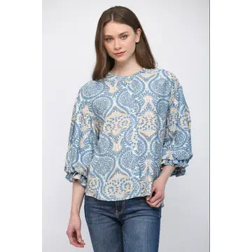 Fate Women's Blue Damask Print Blouse