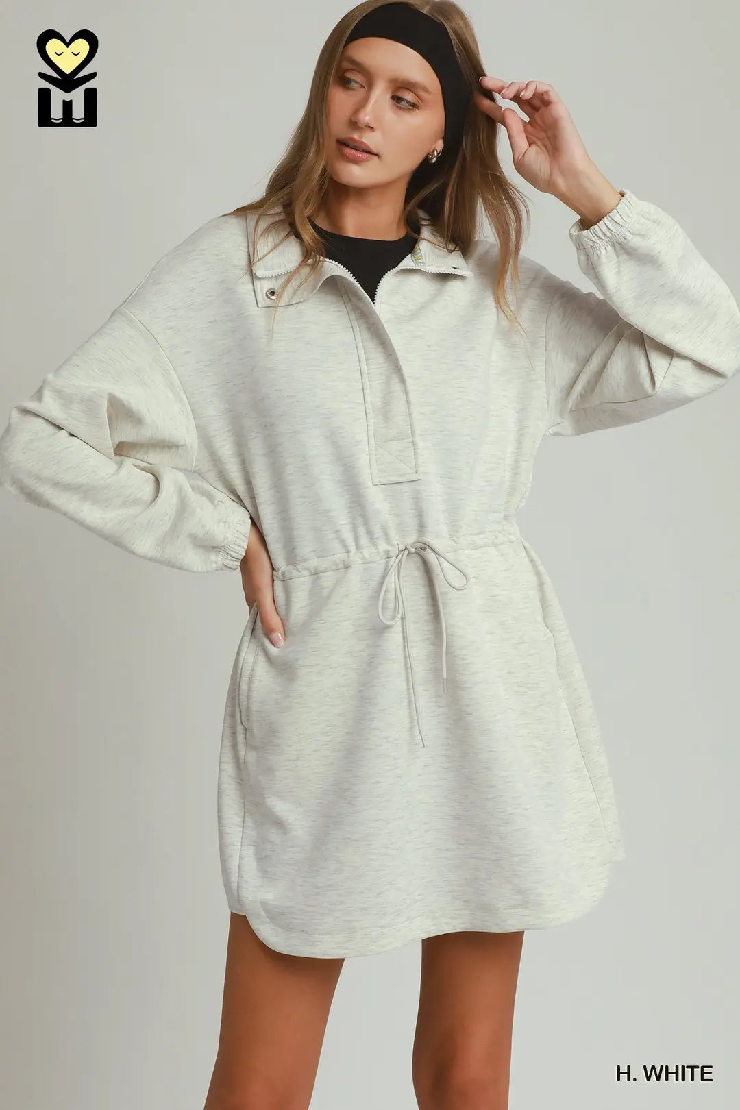 Umgee Women's Half Zip-Up Dress - Heathered White