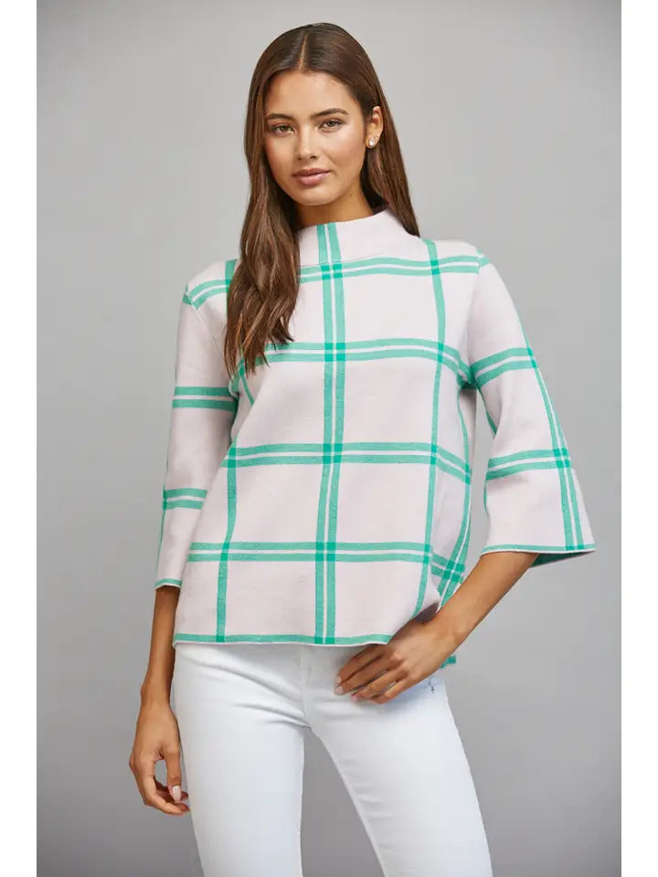 Fate Women's Plaid Mock Neck Sweater - Pink/Green
