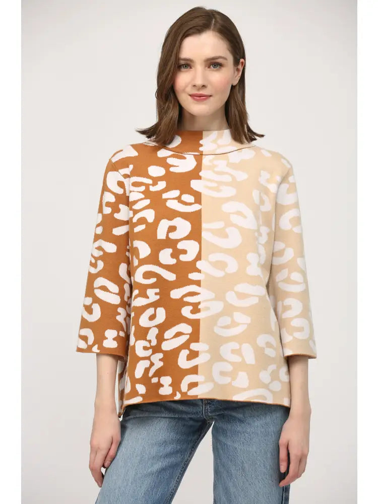 Fate Women's Colorblock Animal Pattern Mock Neck Sweater