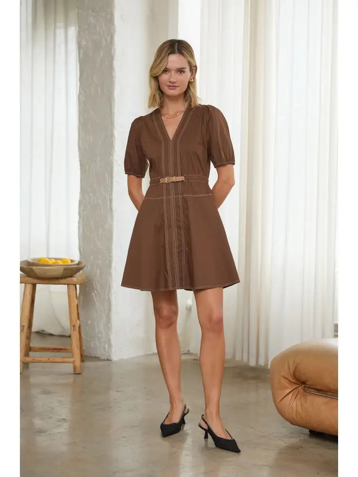 Skies Are Blue Women's Brown Belted Mini Dress