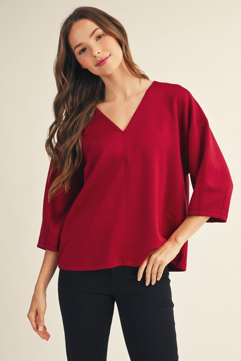 Jodifl Plus Size Women's Burgundy Soft V-Neck Top