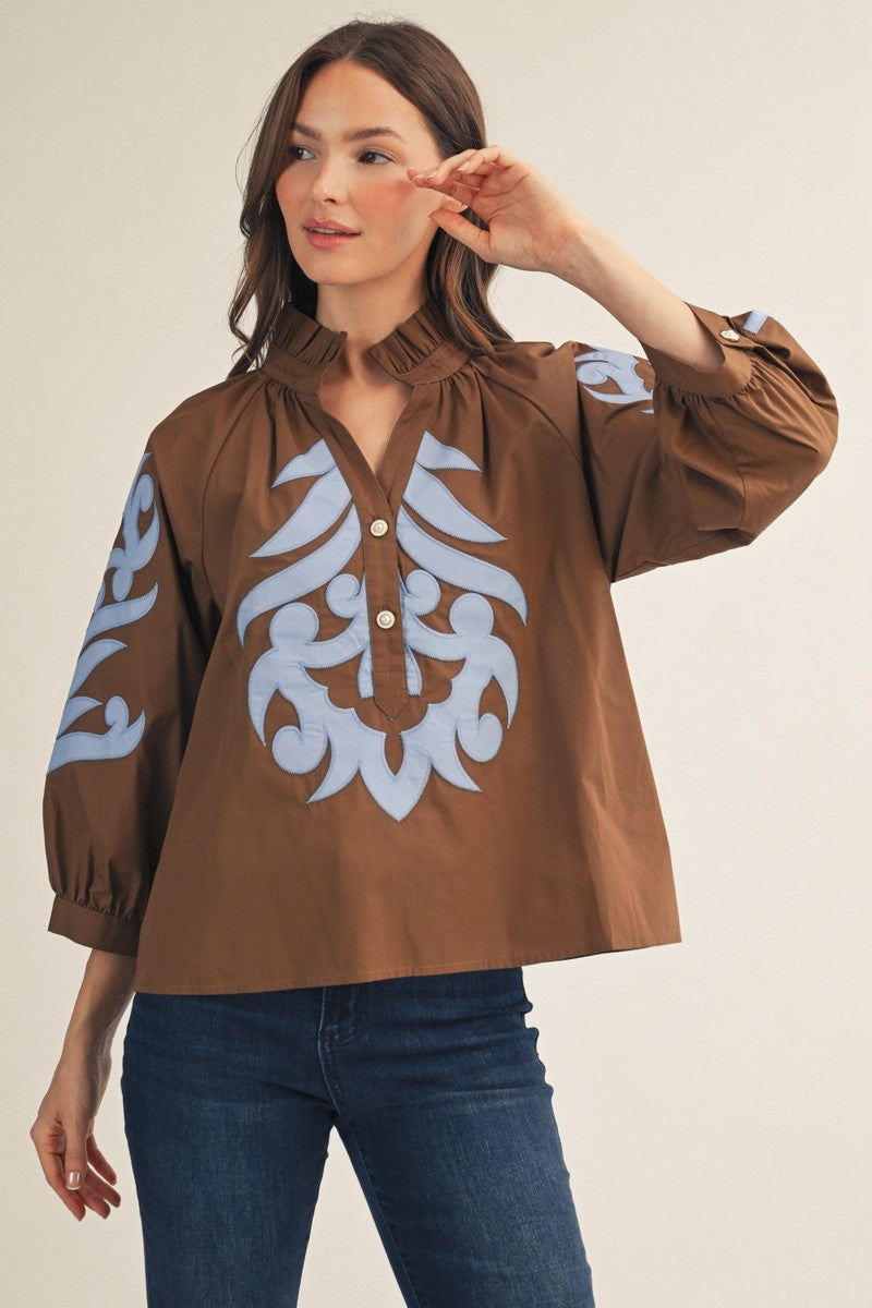 Jodifl Women's Brown Baroque Applique Top