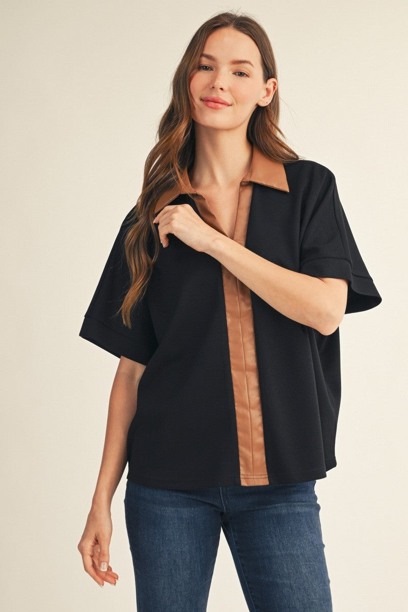 Jodifl Plus Size Women's Faux Leather Solid Top - Black