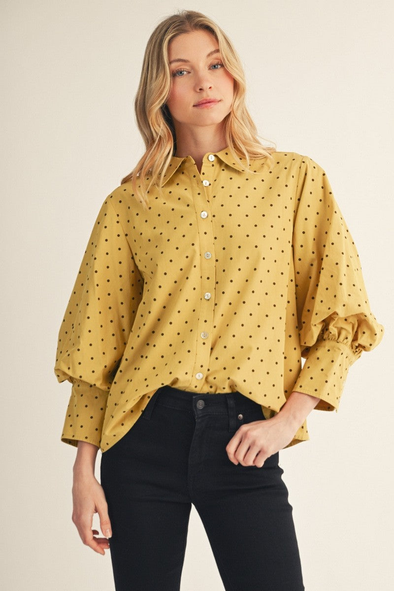 Jodifl Women's Bishop Sleeved Button Down Top - Mustard