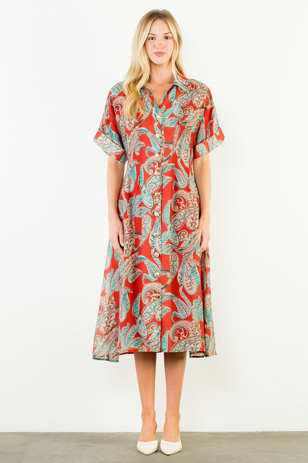 THML Women's Red Collared Maxi Sheer Dress