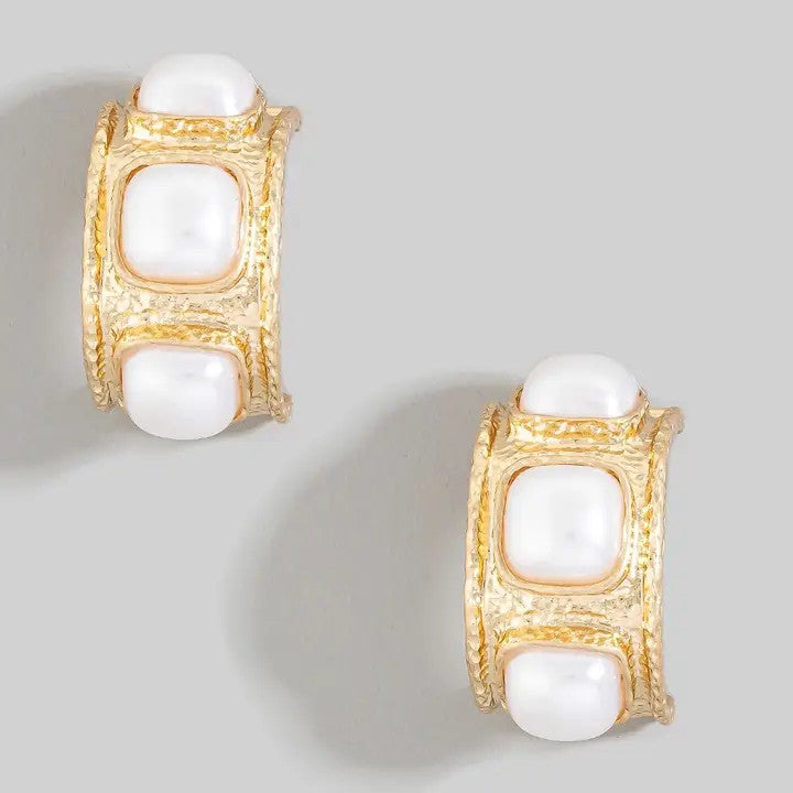 The Looks by Fame Hammered Triple Square Pearl Hoop Earrings