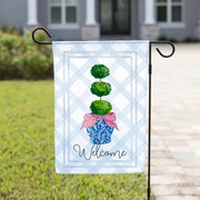 The Navy Knot Spring Garden Flag - Welcome with Shrub Pink Bow