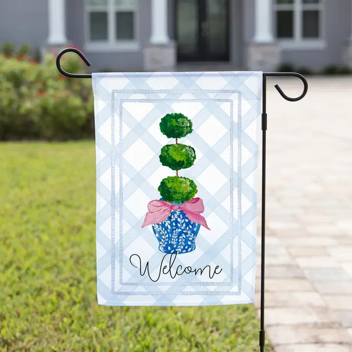 The Navy Knot Spring Garden Flag - Welcome with Shrub Pink Bow