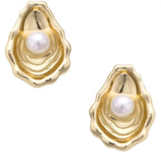 Canvas Oyster & Pearl Stud Earrings - Shiny Gold