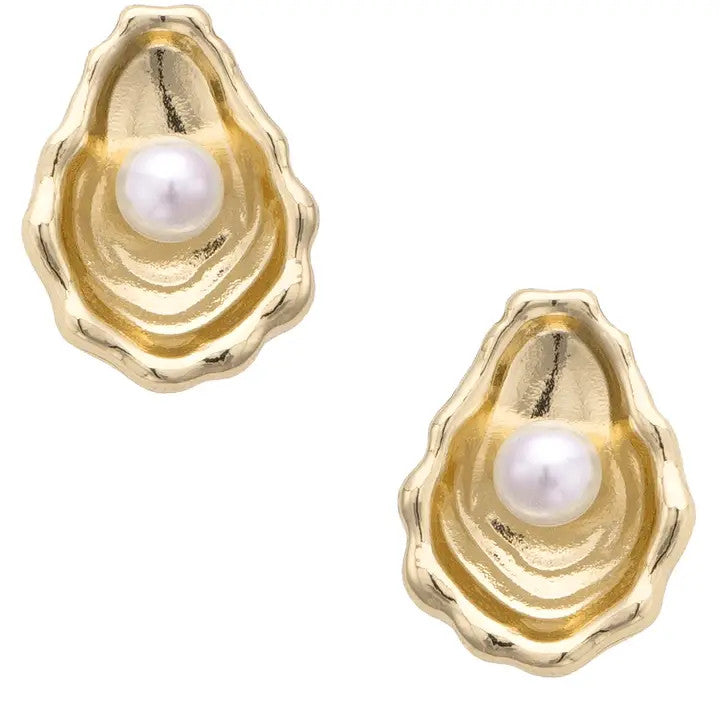 Canvas Oyster & Pearl Stud Earrings - Shiny Gold