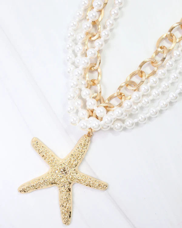Caroline Hill Castine Pearl Starfish Layered Necklace Gold