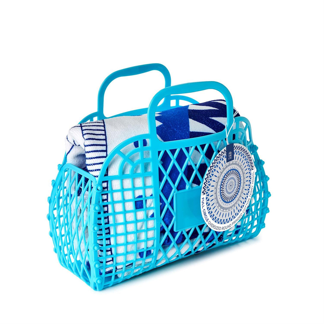 Two's Company Full Circle Blue and White Graphic Design Towel with Fringe - Cotton