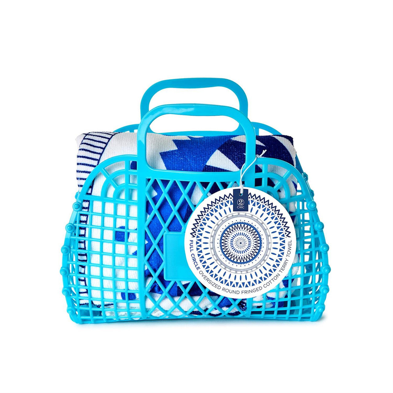 Two's Company Full Circle Blue and White Graphic Design Towel with Fringe - Cotton