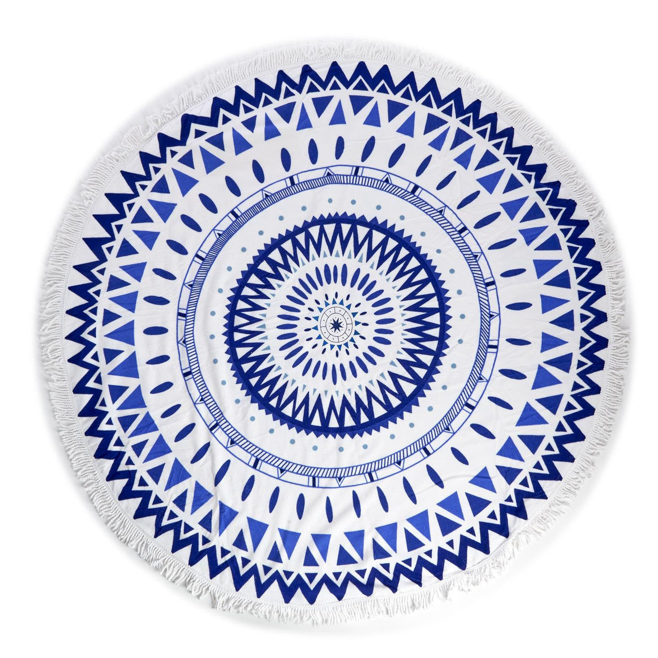 Two's Company Full Circle Blue and White Graphic Design Towel with Fringe - Cotton