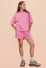 Very J Plus Size Women's Mineral Washed Knit Casual Top & Shorts Set - Pink