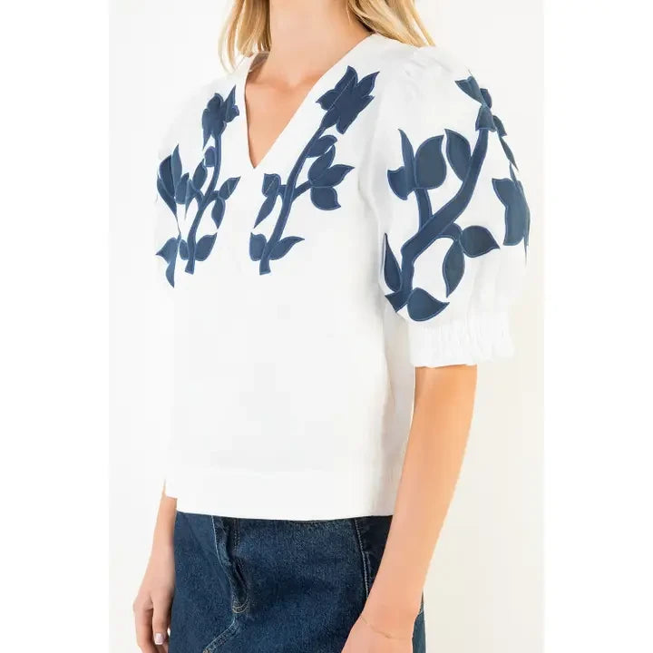 THML Women's Embroidered Puff Sleeve Top - White