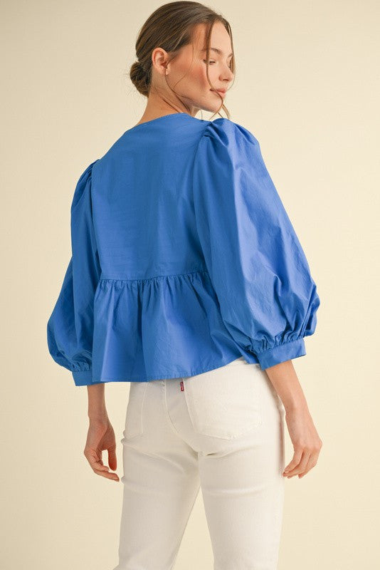 Jodifl Bow Ties Peplum 3/4 Sleeves Top - Cobalt Blue