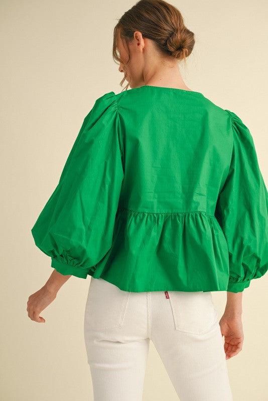 Jodifl Bow Ties Peplum 3/4 Sleeves Top - Kelly Green