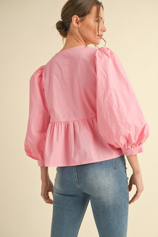 Jodifl Bow Ties Peplum 3/4 Sleeves Top - Pink