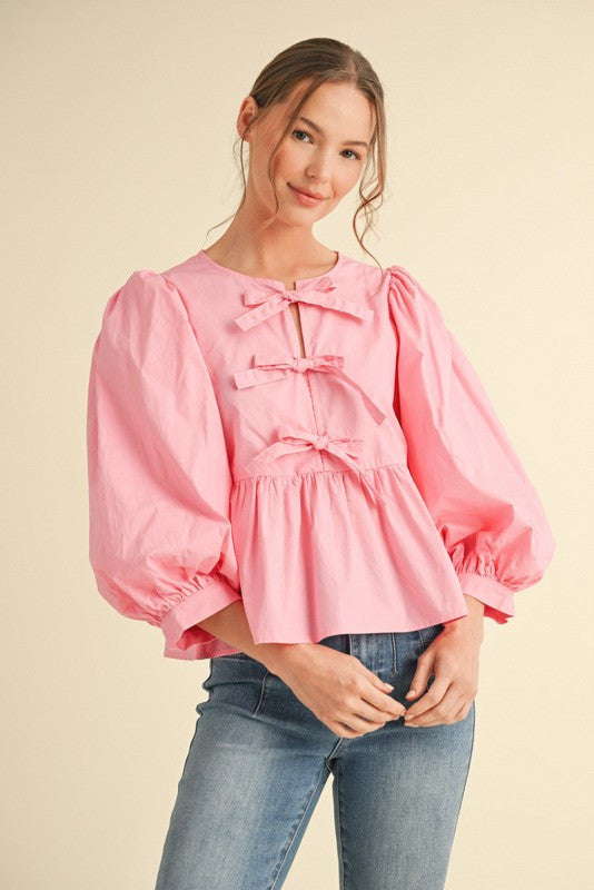 Jodifl Bow Ties Peplum 3/4 Sleeves Top - Pink