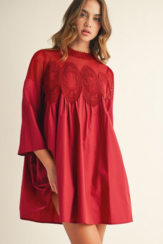 Jodifl Burgundy Crochet Lace Trim Accent Babydoll Dress