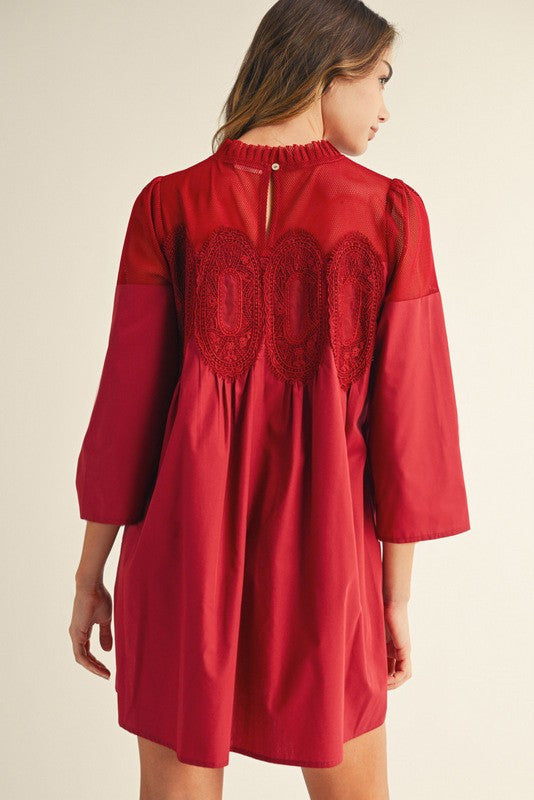 Jodifl Burgundy Crochet Lace Trim Accent Babydoll Dress