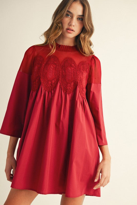 Jodifl Burgundy Crochet Lace Trim Accent Babydoll Dress