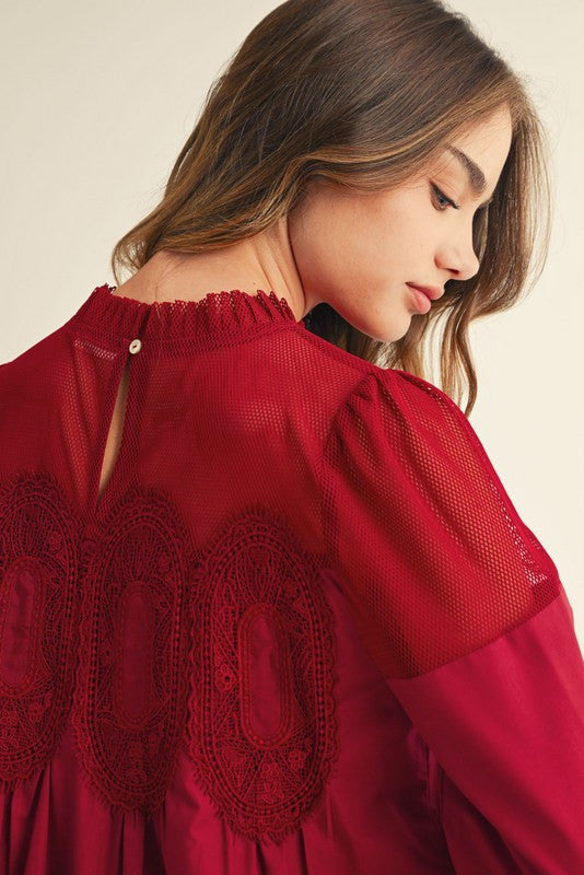 Jodifl Burgundy Crochet Lace Trim Accent Babydoll Dress