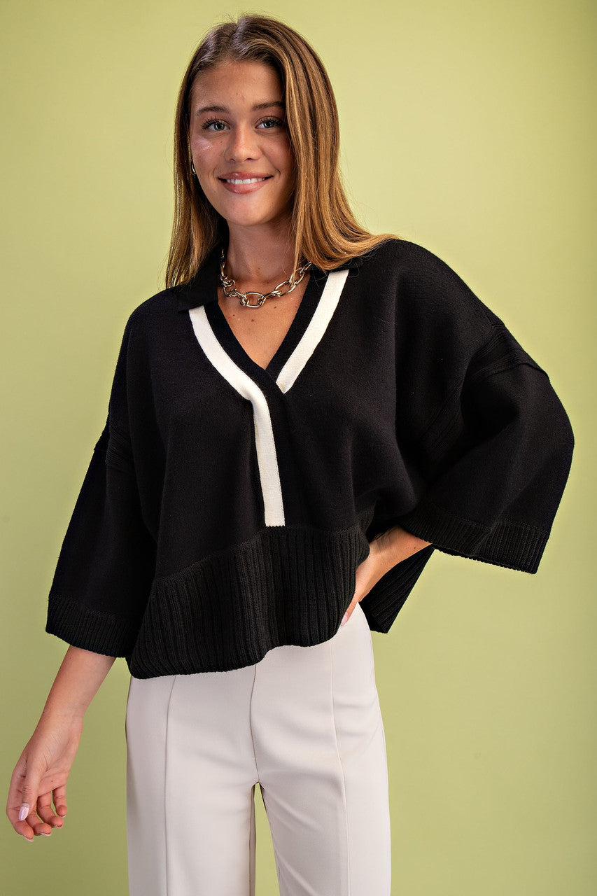 GiGiO Women's Black V-Neck Collared Sweater