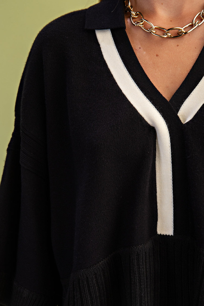 GiGiO Women's Black V-Neck Collared Sweater