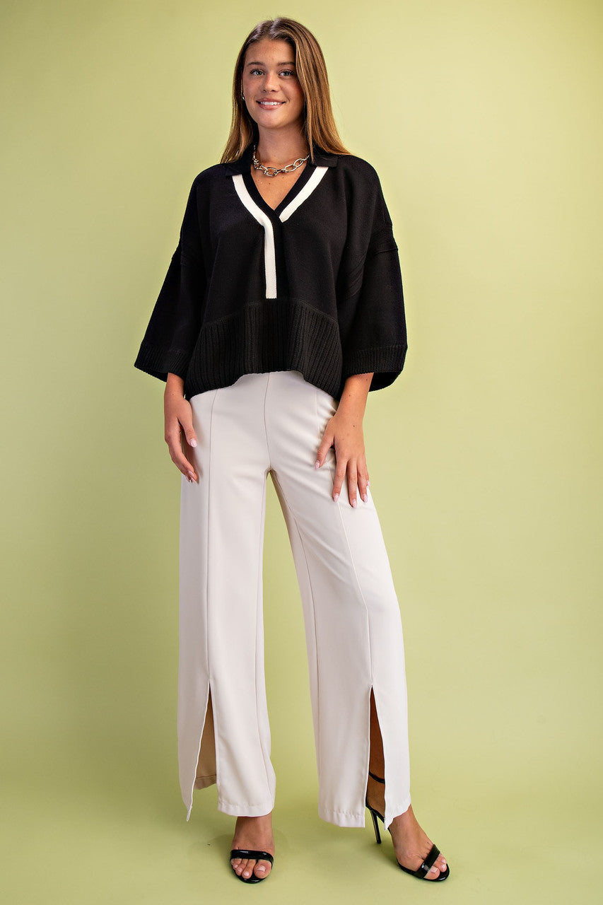 GiGiO Women's Black V-Neck Collared Sweater