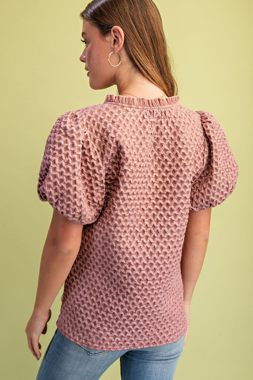 GiGiO Women's Mauve Textured Puff Sleeve Top