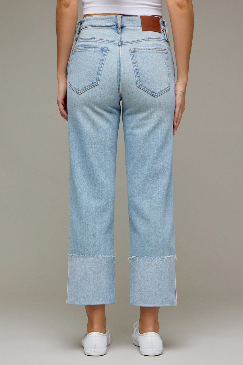 Hidden Jeans Women's Light Wash Cropped Pink Tape Cuffed Straight Jeans